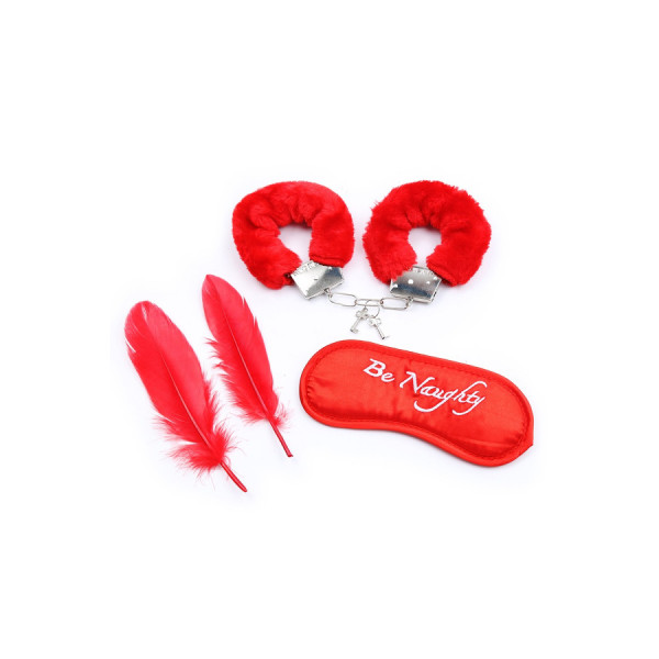 Kit coquin 4 pièces : Menottes, 2 plumes et masque rouge 